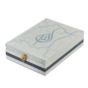 28x20 Cm Ahşap Çatlatma Kutulu Kuran-ı Kerim Seti Mavi