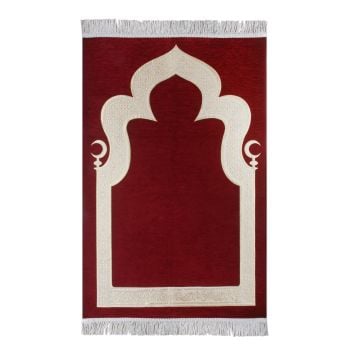 Hilalli Mihrap Desenli Lüks Saçaklı Şönil Seccade Bordo