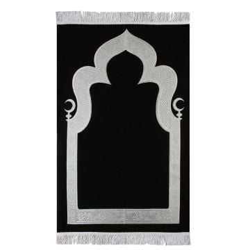 Hilalli Mihrap Desenli Lüks Saçaklı Şönil Seccade Siyah