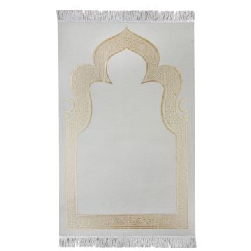 Hilalli Mihrap Desenli Lüks Saçaklı Şönil Seccade Krem