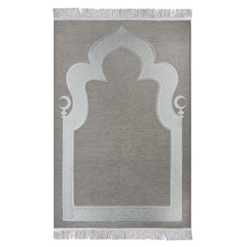 Hilalli Mihrap Desenli Lüks Saçaklı Şönil Seccade Gri