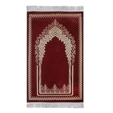 Desenli Mihraplı Lüks Saçaklı Şönil Seccade Bordo