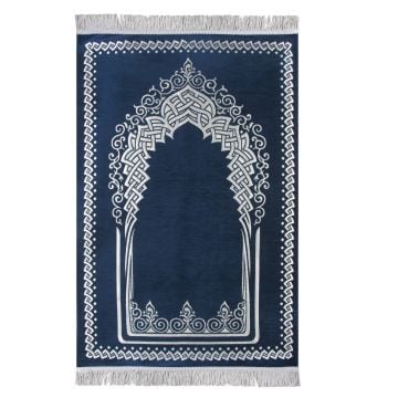 Desenli Mihraplı Lüks Saçaklı Şönil Seccade Lacivert