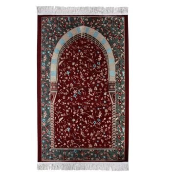 Çiçek Desenli Lüks Saçaklı Şönil Seccade Bordo