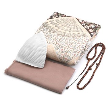 Hediyelik Seccade Eşarp Tesbih Takke Seti Gold