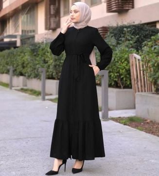 Eteği Büzgülü Ferace Siyah - 42