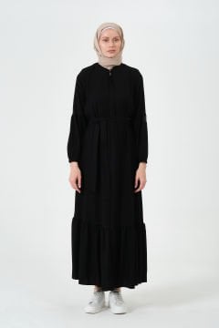 Rabia Kumaş Eteği Büzgülü Ferace Siyah - 48