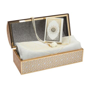 37x15x16 Cm Hediyelik Seccade Kuran-ı Kerim Tesbih Sandık Set Krem