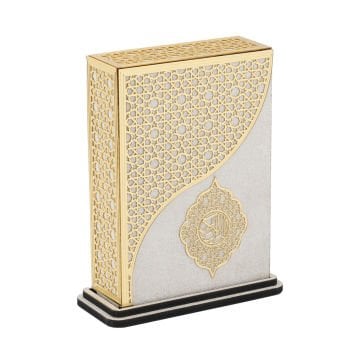 16x19 Cm Pleksili Kurtuba Dikey Çanta Boy Kuran-ı Kerim Kutusu Gold-Krem