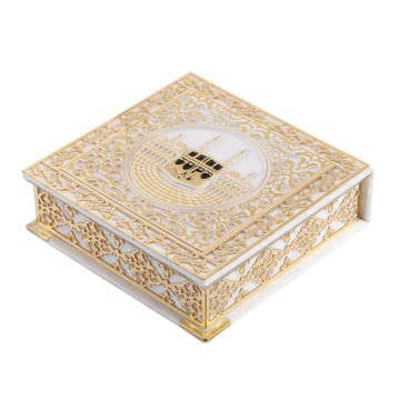 16x16 Cm Kabe Ayrıntılı Gold Pleksili Kuran-ı Kerim Tesbih Kutusu Krem