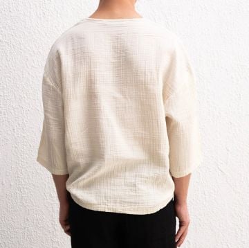 Yarım Kol Viskon Keten Tişört [BEJ]