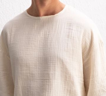 Yarım Kol Viskon Keten Tişört [BEJ]