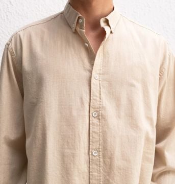 Uzun Kollu Rahat Keten Gömlek Bej - S