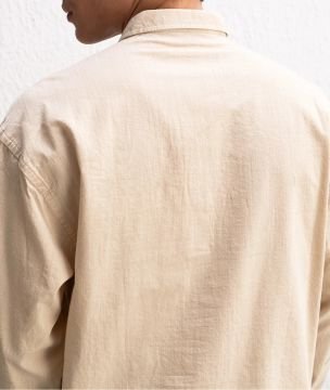 Uzun Kollu Rahat Keten Gömlek Bej - S