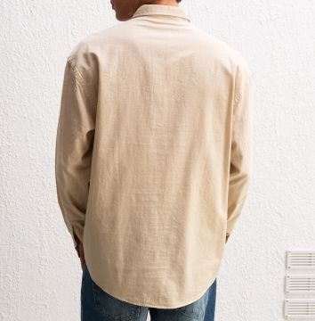 Uzun Kollu Rahat Keten Gömlek Bej - S