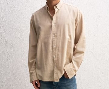 Uzun Kollu Rahat Keten Gömlek Bej - S