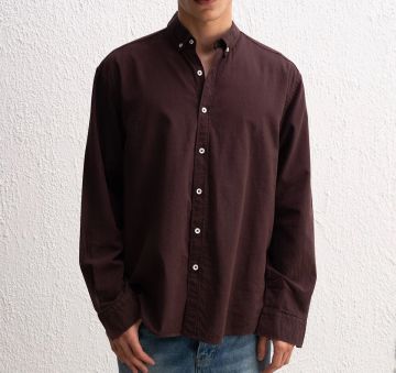 Uzun Kollu Rahat Keten Gömlek Kahverengi - S