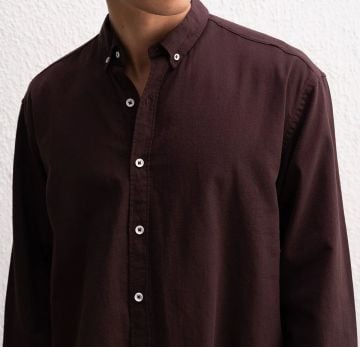 Uzun Kollu Rahat Keten Gömlek Kahverengi - S