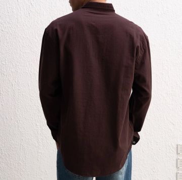 Uzun Kollu Rahat Keten Gömlek Kahverengi - S