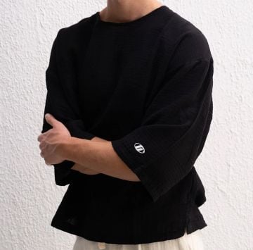 Yarım Kol Viskon Keten Tişört Siyah - M