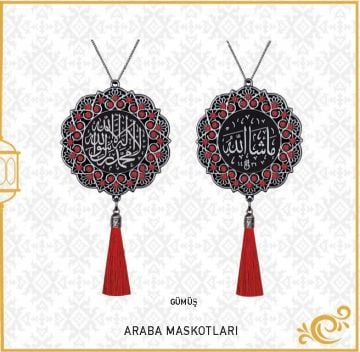 7 Cm Maşallah Ve Kelime-i Tevhid  Papatya Maskot Oto Süs 10'Lu Gümüş-Kırmızı