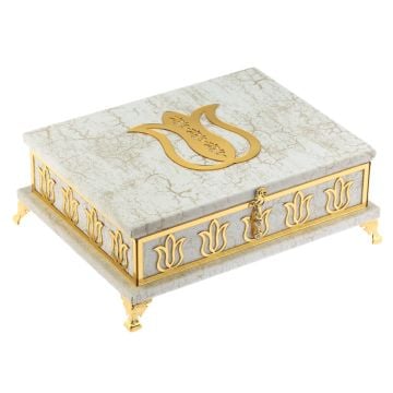20x25 Cm Mermer Desen Hediyelik Kuran-ı Kerim Tesbih Seti Krem