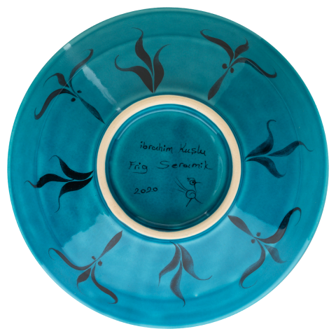 Selçuklu Stilize Kuş ve Yaprak Motifli Turkuaz Kase (22cm)