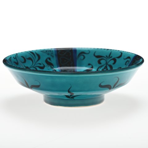 Selçuklu Stilize Kuş ve Yaprak Motifli Turkuaz Kase (22cm)