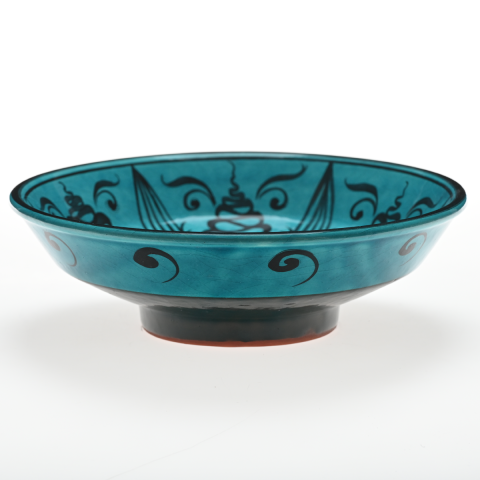 Selçuklu Stilize Çiçek ve Yaprak Motifli Turkuaz Kase (22cm)