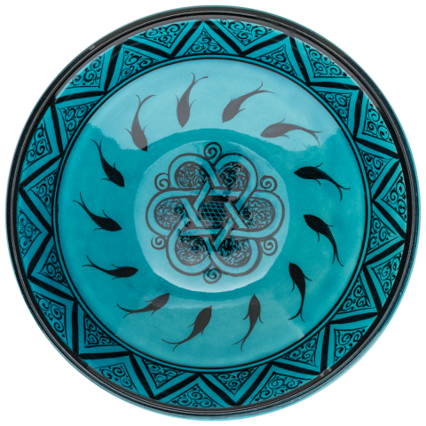 Selçuklu Çizgisel Motifli Balıklı Turkuaz Kase (22cm)