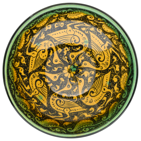 Selçuklu Birbirini Takip Eden Kuş Motifli Sarı Kase (22)cm