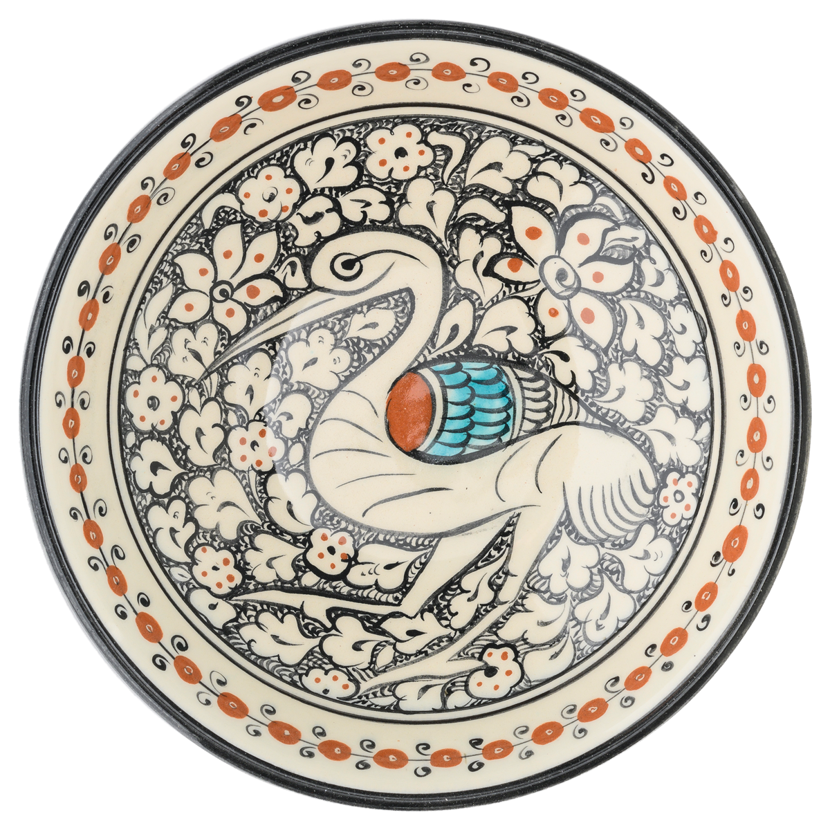 Selçuklu Bitkisel Zeminli Balıkçıl Kuş Desenli Kase (22)cm