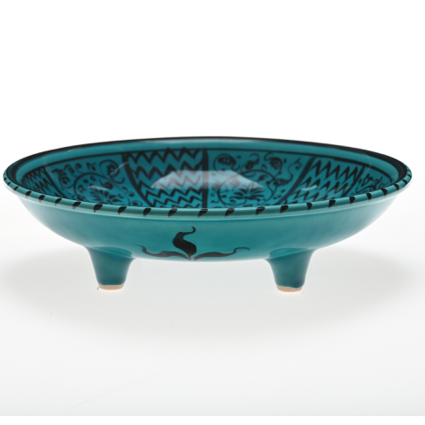 Selçuklu Bitki ve Çizgisel Desenli Turkuaz Ayaklı Tabak 23cm