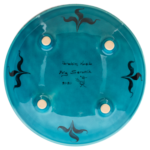 Selçuklu Bitki ve Çizgisel Desenli Turkuaz Ayaklı Tabak 23cm