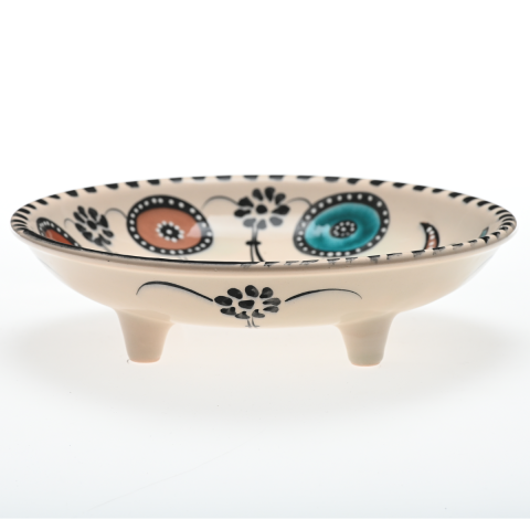 Selçuklu Stilize Renkli Tavus Kuşu Desenli Ayaklı Tabak 23cm