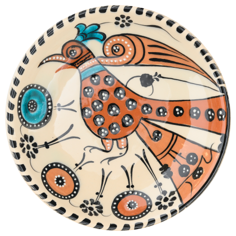 Selçuklu Stilize Renkli Tavus Kuşu Desenli Ayaklı Tabak 23cm