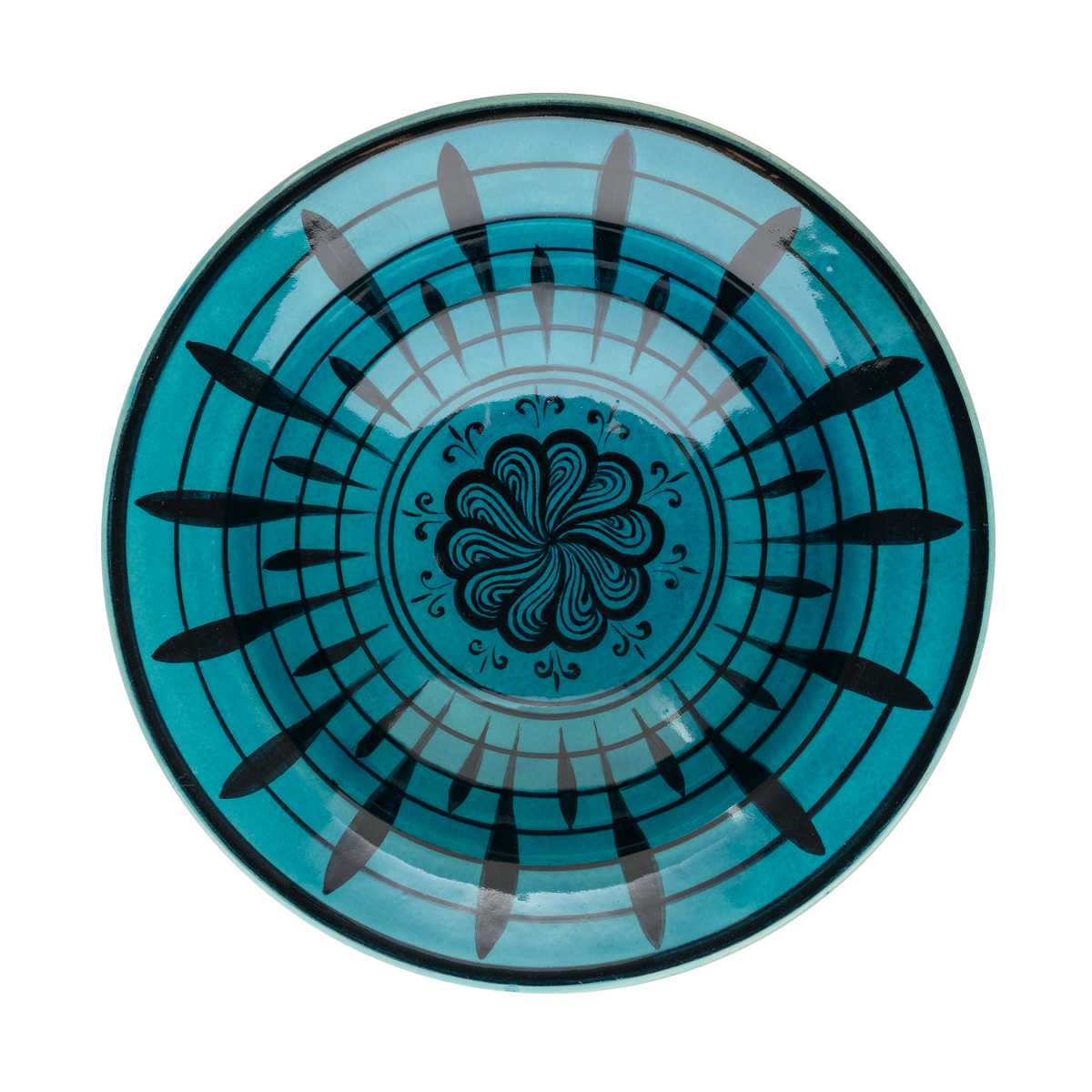 Selçuklu Çiçekli Fırça Darbeli Turkuaz Kenarlı Tabak (19cm)