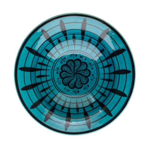 Selçuklu Çiçekli Fırça Darbeli Turkuaz Kenarlı Tabak (19cm)