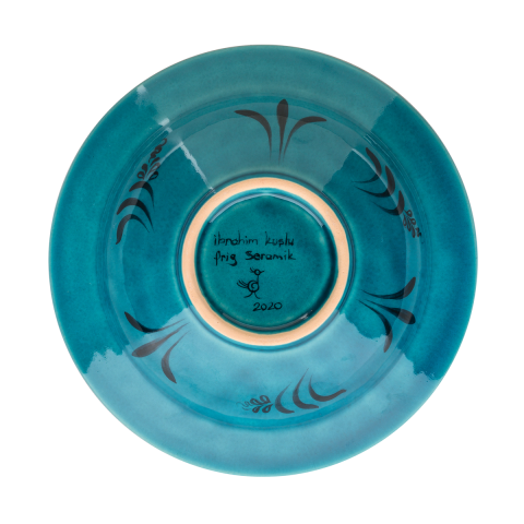 Selçuklu Çiçekli Fırça Darbeli Turkuaz Kenarlı Tabak (19cm)