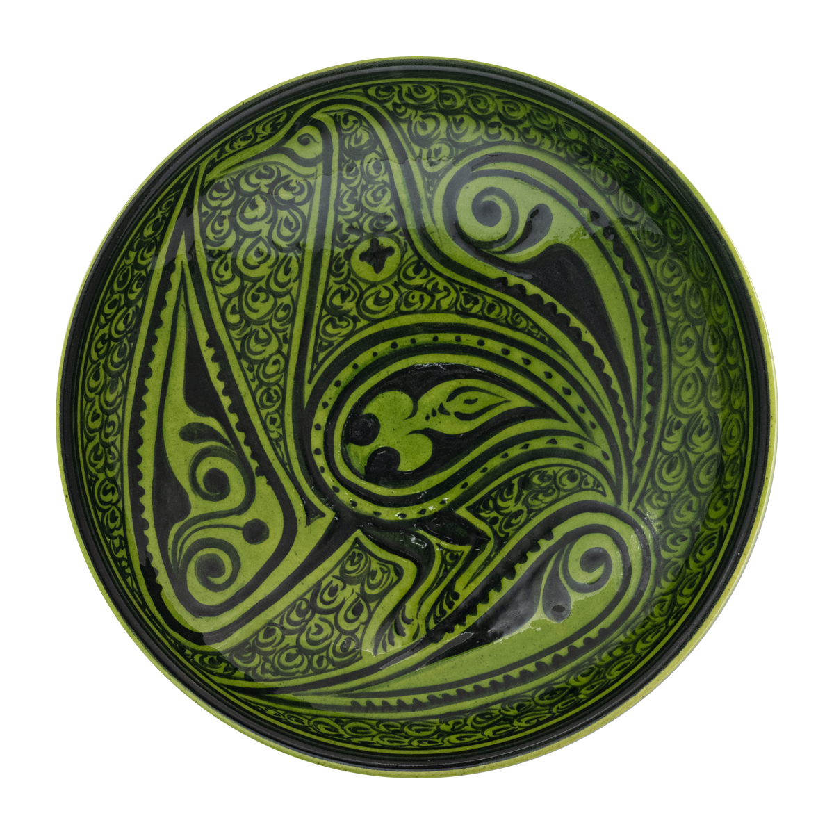 Selçuklu Salyangoz Zeminli Stilize Kuş Desenli Yeşil Tabak (19cm)