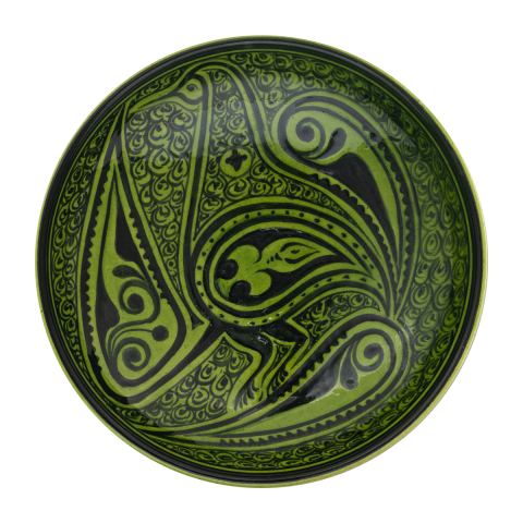 Selçuklu Salyangoz Zeminli Stilize Kuş Desenli Yeşil Tabak (19cm)