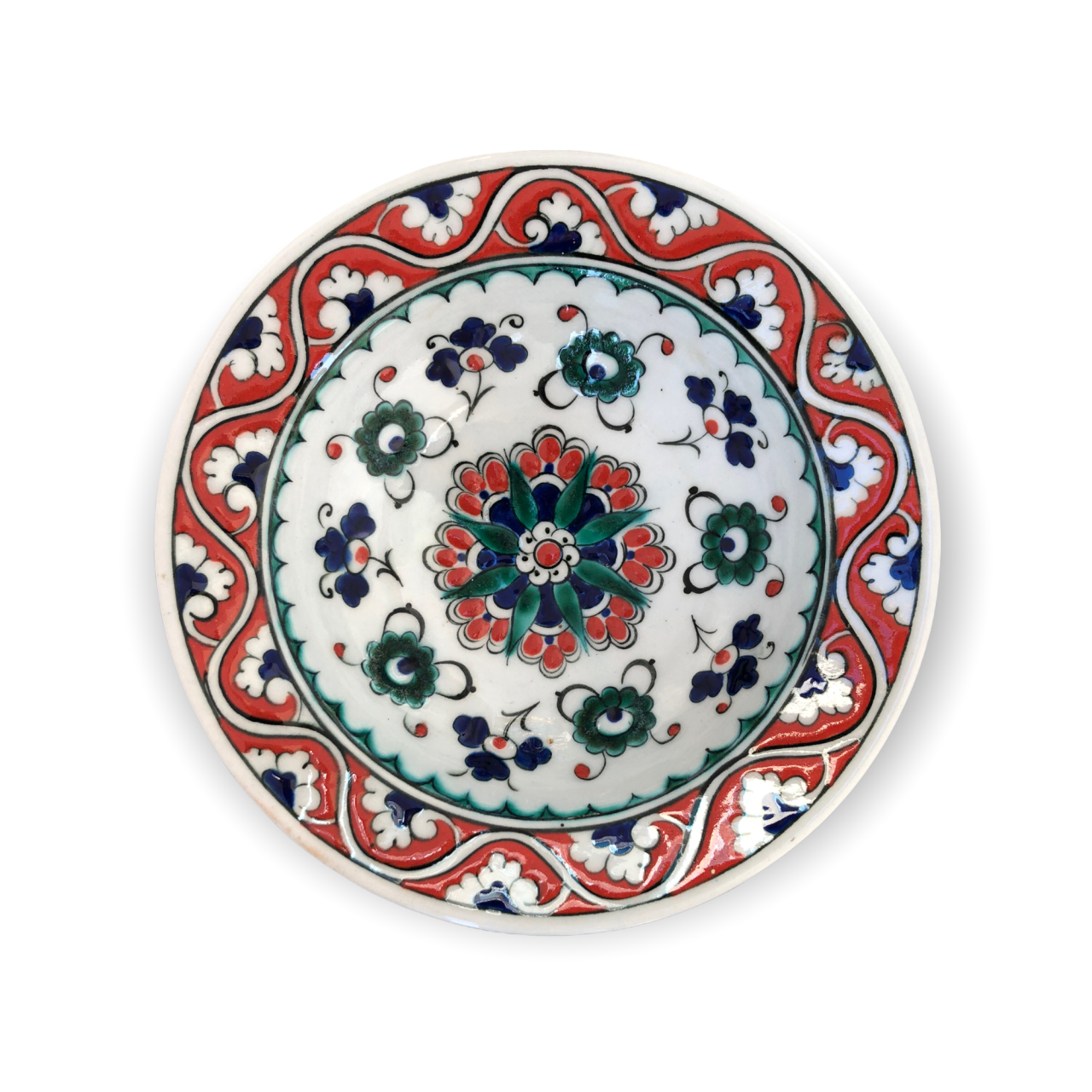İznik Renkli Dönem Kırmızı ve Yeşil Çiçekli Tabak (19cm)