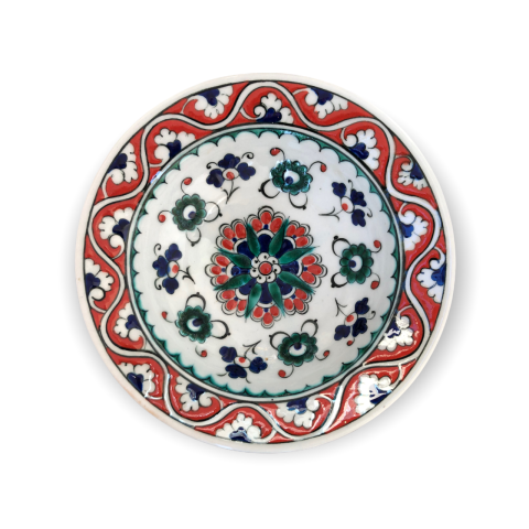 İznik Renkli Dönem Kırmızı ve Yeşil Çiçekli Tabak (19cm)