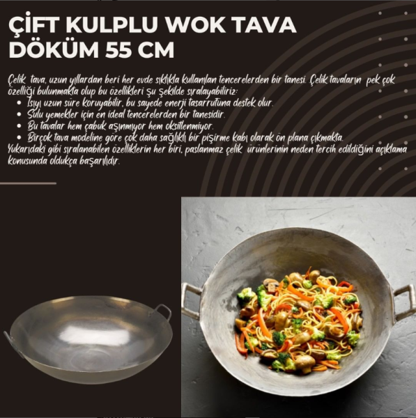 Çift Kulplu Wok Tava Döküm 55 cm J002