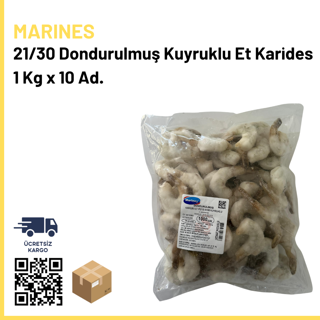 21/30 Dondurulmuş Kuyruklu Et Karides 1 Kg x10 (Ad: 799₺)