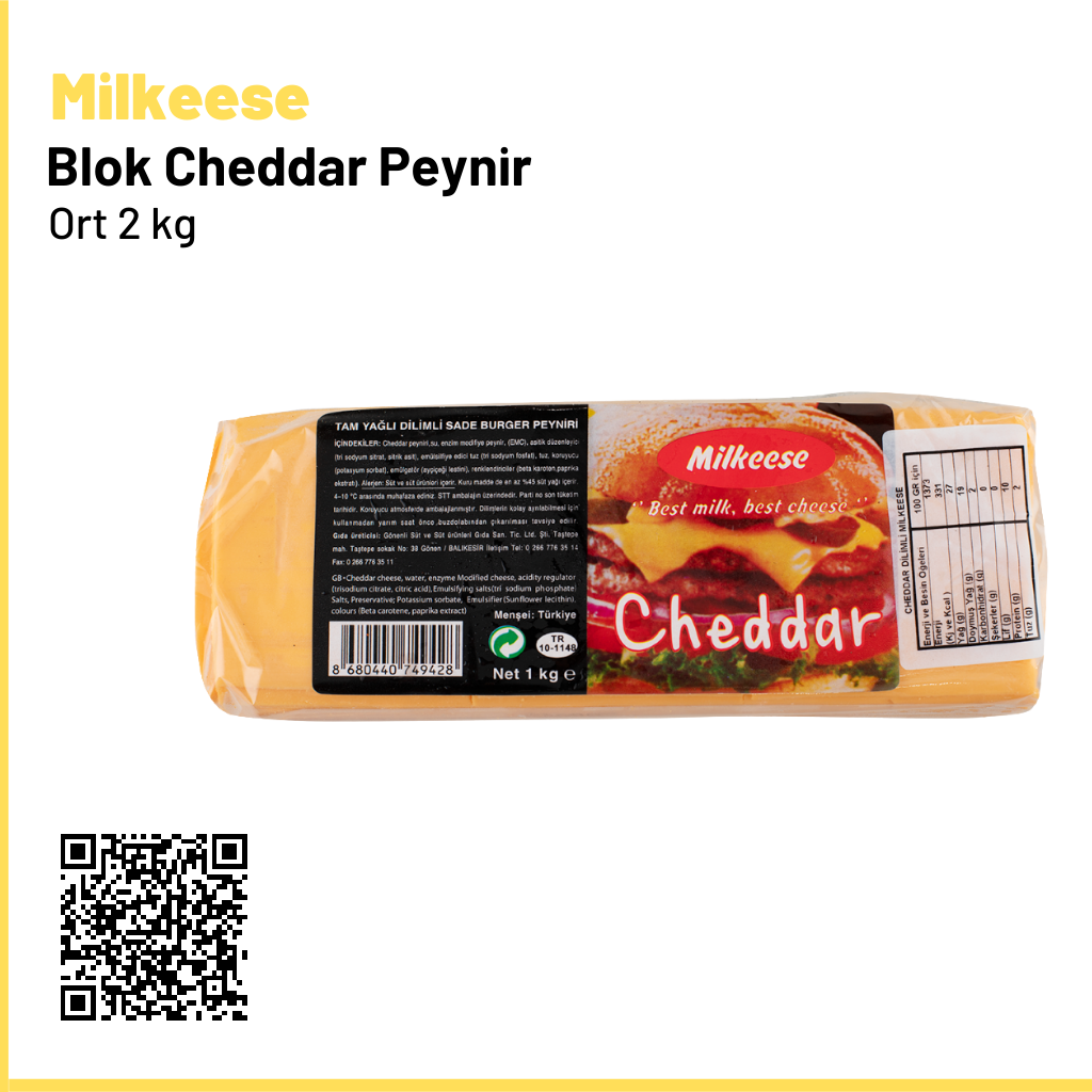 Milkeese Blok Cheddar Peynir Ort 2 kg