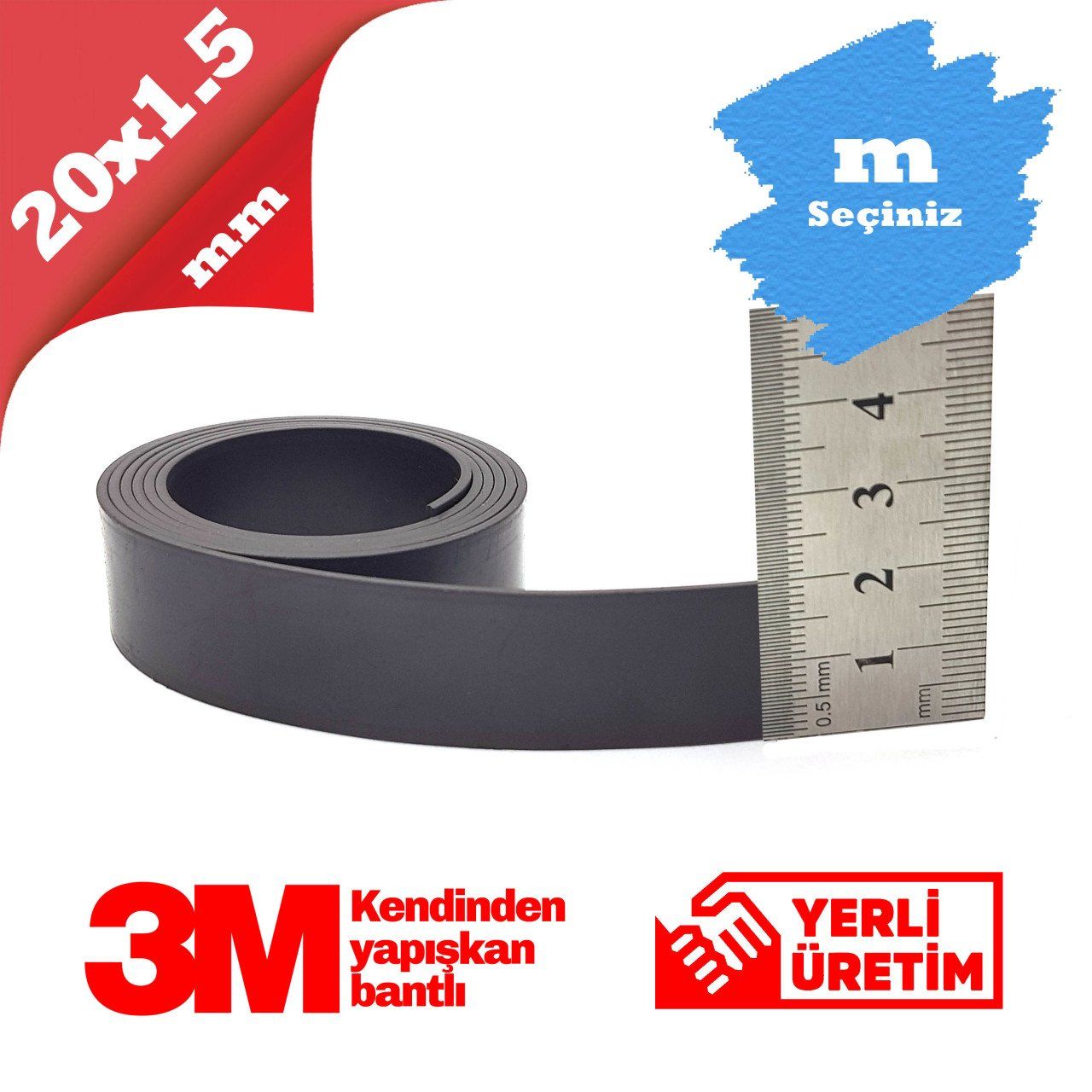20x2mm 3M Kendinden Yapışkanlı Esnek Şerit Mıknatıs