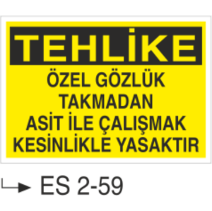 Tehlike Özel Gözlük Takmadan Asit İle Çalışmak  Kesinlikle Yasaktır- Uyarı Levhası