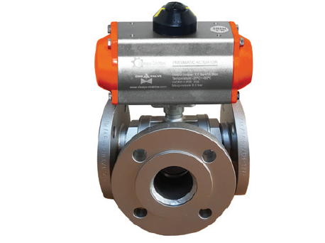 Stainless 3 Way -L-/-T- Port Flanged Ball Valve with Pneumatic Actuator