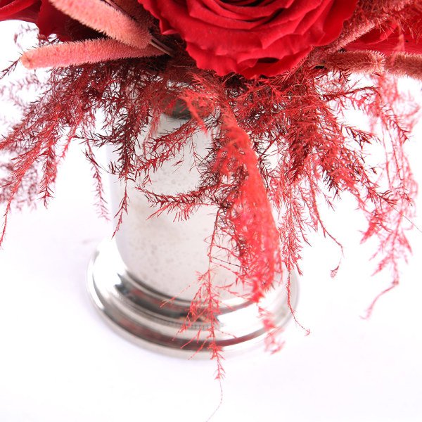 Red Preserved Roses & Silver Pot